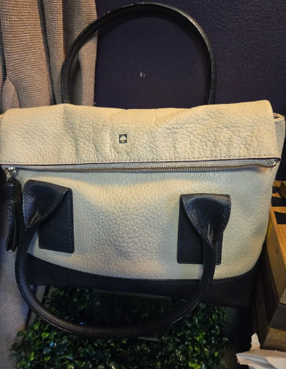 Buttermilk & Black Foldover Leather Southport Avenue Carmen Satchel- Kate Spade